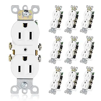 ThunderWay Duplex Receptacle Outlet, 15A 125V Electrical Wall Outlets, Non-Tamper Resistant, 2 Pole 3 Wire, Residential Grade, Self-Grounding, UL Listed, 10 Pack (White)