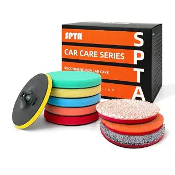 SPTA 9Pcs Polishing Pads Kit, 7 Inches Large Size Buffing Pads, Car Foam Buffing Sponge Pads Kit with 5/8"-11 Backing Plate for Car Care Polisher Boat Waxing, Polishing, Sealing Glaze