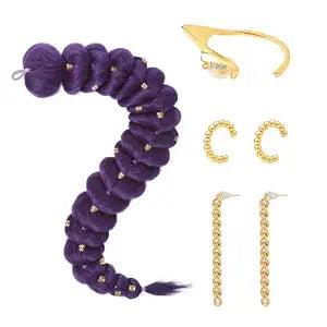 SEIKEA Lightweight Purple Braid for Kids, 30" No-Slip Anime Cosplay Hairpiece with Gold Cuffs Jewelry Set, Halloween Costume Accessories for Girls