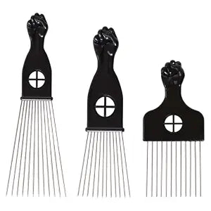 COOKOO 3 Pack Metal Afro Hair Styling Combs - Fist Design Wide Tooth Picks for Women, Men & Natural Curly Hair Hairstyling