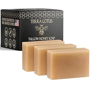 Terra Lotus - Organic Tallow Soap with Organic Castor Oil & Raw Honey - Hydrating & Nourishing - 3 Pack (Unscented)