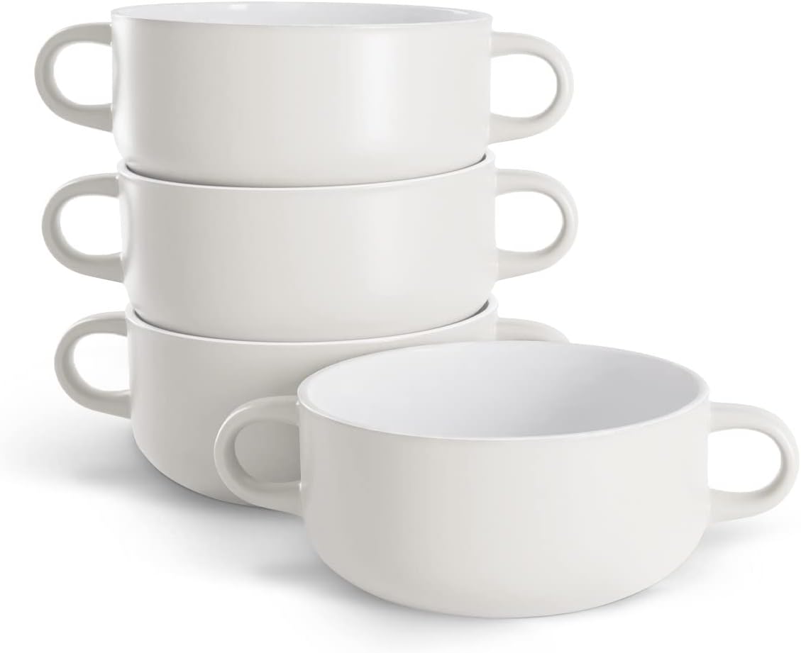 Kook Soup Crocks, Ceramic Bowls, Broil, Oven, Microwave and Dishwasher Safe, with Handles, For Casserole, Pasta, Cereal, 18 oz, Set of 4 (Coconut White)