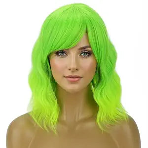PATTNIUM Lime Green Wig Short Wavy Fluorescent Green Wigs for Women Girls Green Wig with Bangs Synthetic Wigs