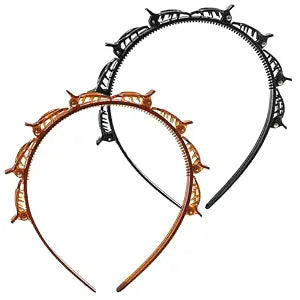 CoguZed 2 Pack Clip Headbands for Women, Double Layer Toothed Hairband with Clips Attached, Multi-functional Hairband for Braided Styling, Black & Brown