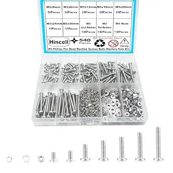 540pcs M3 Phillips Pan Head Machine Screws, Metric Screws Bolts Washers Nuts Kit, 304 Stainless Steel (M3 x 6mm / 8mm / 12mm / 16mm / 20mm / 25mm / 30mm)