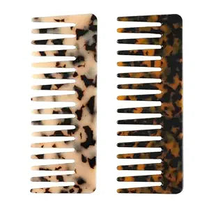 Large Hair Detangling Comb - Wide Tooth Comb Cellulose Detangler Combs for Women Thick Curly Wavy Wet Dry Hair 2 Pack (Tortoise Shell, Ivory)
