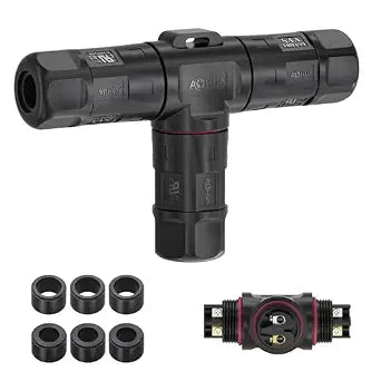AOHUA 3 Way Junction Box, M23 2-Pin Connector, 500V/35A, IP68 T Shape Waterproof Electrical Wire Connector for 7.5-15mm Cable, UL/SAA/CE/RoHs Certified (1-Pack)(AH-M23-3502T01122)