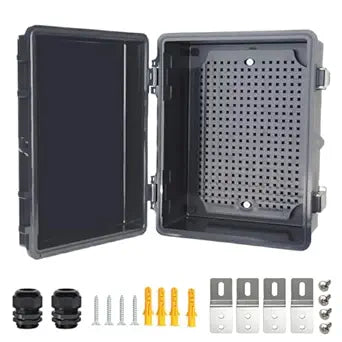 Electrical Junction Box, IP67 Waterproof Outdoor Box ABS Plastic Enclosure with Stainless Steel Latches & Brackets, Hinge Black Cover Project Box with Mounting Plate Outer size8.7"x6.7"x4.3"