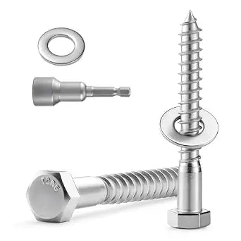12 Sets 5/16" x 3" Hex Head Lag Screws Bolts with Flat Washers 304 Stainless Steel 18-8 Heavy Duty Lag Screw for Wood, Driver Bit Included