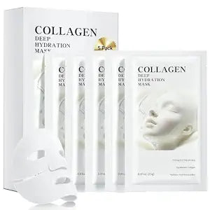 Collagen Face Masks Skincare 5 Pack | Deep Hydrating Collagen Sheet Mask, Hyaluronic Acid Moisturizing, Intense Hydration for Dry Skin, Soothing Face Pack,Self Care Gifts for Women