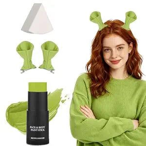 Halloween Makeup Kit for Green Ogre Monster Face Paint Kit with Monster Ears Headband, Halloween Full Face Body Paint Set for Cosplay Party Costume SFX Makeup Accessories