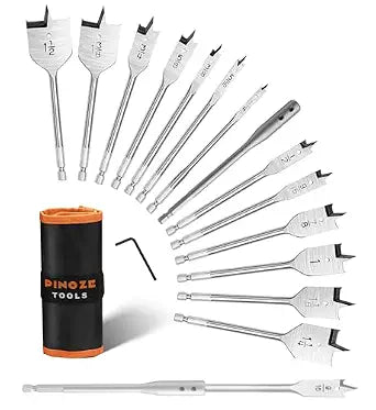 PINOZE 14-Piece Spade Drill Bit Sets with 6 Extension, Paddle Flat Bit for Hole Cutter Woodworking, 1/4" to 1-1/2", Quick Change 1/4 inch Hex Shank, Nylon Storage Pouch Included