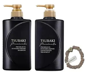 TJ SIGNATURE TSUBAKI Premium EX Intensive Repair Shampoo and Conditioner Bundle - Black Series Hair Care Set for Damaged Hair (400ml+400ml) bundle with a hair tie