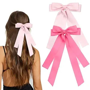 Bow Hair Clips 2PCS Set for Women and Girls - Black White Ribbon Bows for Hair, with Long Tail, Alligator Clip (Pink & Hot Pink)