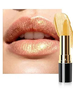 Glitter Gold Lipstick, Metallic Shimmer Lipstick for Women Long Lasting