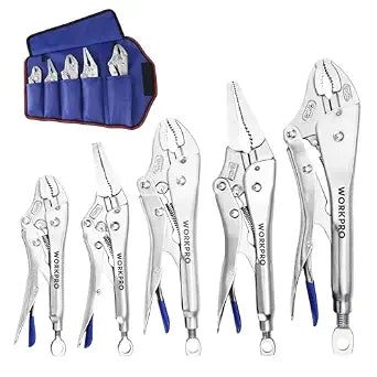 WORKPRO 5-Piece Locking Pliers Set, 5"/7"/10" Curved Jaw & 6.5"/9.5" Long Nose, CR-MO Steel Construction with Perforated Screw, Multipurpose Clamping Tool Kit for Automotive, Welding, and Home DIY