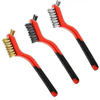 Wire Brush Set (3-Pack) for Precision Cleaning  Brass, Nylon & Stainless Steel Brushes for Rust Removal, Delicate Surfaces & Tight Spaces  7-Inch Curved Handle