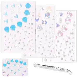 Glitter Rhinestone Tattoo Stickers for Makeup, Shell Fish Tail Flowers Face Eye Gems, Self Adhesive Face Jewelry with Ocean Color, Cute Mermaid Face Stickers, Birthday Rave Concert Party Supplies
