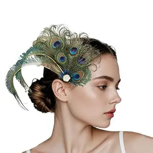 Peacock Feather Hair Clip, 1920‘s Cocktail Tea Party Photography Headpiece for Women Gatsby Hair Accessories