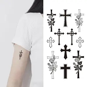 2 Sheets Tiny Small Black Cross Flower Temporary Tattoos for Women