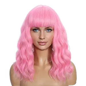 Sebast Pastel Bob Wigs with Bangs for Women Loose Wavy Wig Pastel Wavy Shoulder Length Bob Synthetic Cosplay Wig for Girl Colorful Costume Wigs (Pink)