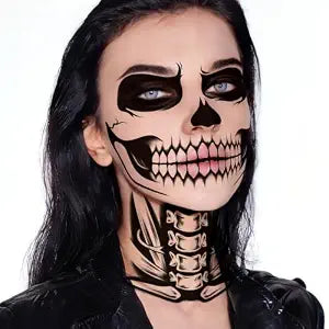 Halloween Face Tattoos Temporary Black Tattoo for Men and Women, Adult, Skeleton Mouth Decals Eye Sticker, Horror Zombie Witch Makeup Kit, Scary Bones 3 Sheets