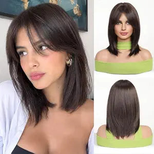 Esmee Short Straight Brown Bob Wigs With Curtain Bangs Shoulder Length Natural Wig Synthetic Daily Party Cosplay Wigs for Women