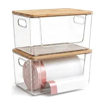 Trash Bag Holder 2 Pack, Stackable Garbage Bag Dispenser with Bamboo Lid, Large Capacity Under Sink Organizer for 13/30/33 Gallon Bags, Clear Storage Bins for Kitchen, Laundry Room