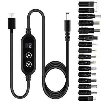 USB C to DC 5V/9V/12V/15V/20V Cable with 16 DC Conversion Heads Adapter and LED Display Screen, 65W USB to DC Power Charger use with PD Charger and PD Power Bank for Speakers, routers, laptops (3.9ft)