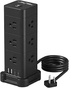 Tower Power Strip with Surge Protection (12 AC, 4 USB, 5ft, Black)