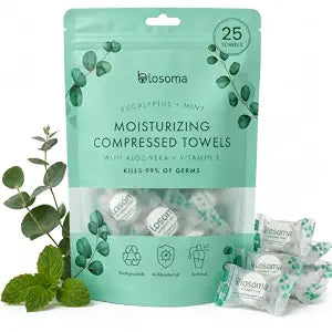 Eucalyptus & Mint Compressed Towels for Travel & Camping – Antibacterial Instant Expandable Face Towels, Biodegradable Disposable Cotton, Pack of 25