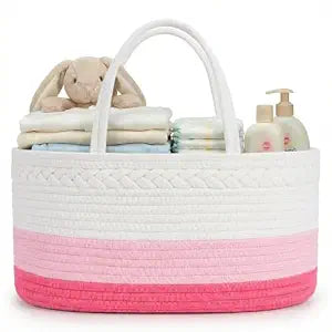 luxury little Diaper Caddy Organizer, Large Cotton Rope Nursery Baby Basket, Changing Table Organizer for Baby Diaper Storage, Portable Car Organizer Removable Divider (Pink, Large)