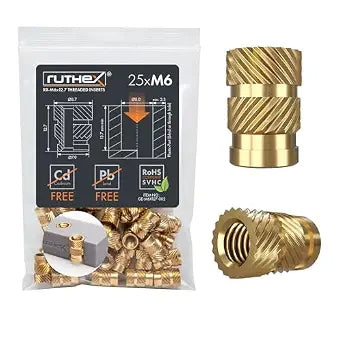 ruthex M6 Threaded Inserts - 25 Pieces RX-M6x12.7 Brass Heat Set Insert for Plastic Parts - Metric knurled Nuts - Insert by Heat into 3D Printing Components