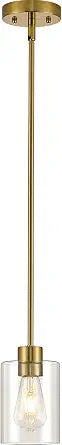 Modern Farmhouse Brass Gold Pendant Lights, Mini Hanging Light Fixture with Clear Glass Shade, Adjustable Rods for Kitchen Island, Sink, Bar (1 Pack)