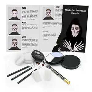 Professional Halloween Skeleton Makeup Kit, Full Face & Body Paint Set with Dual-End Brushes, Setting Powder & Easy-Grip Sponges, Ideal for SFX