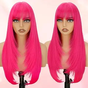 Long Straight Layered Wig with Bangs for Women Synthetic Wig 26 inch