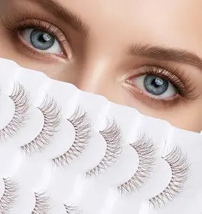 7 Pairs Brown Eyelashes, Natural Cat Eye False Lashe Wispy Volume C-Curly Brown Strip Lashes with Clear Band, Faux Mink Lashes for Natural Look