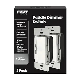 Feit Electric Paddle Dimmer Switch for Dimmable LED Light Bulbs, Single Pole or 3-Way Toggle Light Switch, Overheat Protection, Wall Plates & Installation Hardware Included, 2 Pack
