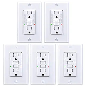 3GRACE 15 Amp GFCI Outlet, Tamper-Resistant, Weather Resistant Receptacle Indoor or Outdoor Use, LED Indicator with Decor Wall Plates and ScrewsUL Listed, White (5 Pack)