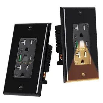 20 Amp PD USB Wall Outlet with Night Light, 20W PD USB-C Fast Charging, 1 USB-A & 1 USB-C Port, Tamper-Resistant Duplex Receptacle, ETL & FCC Listed, Wall Plate Included, Black, 2-Pack