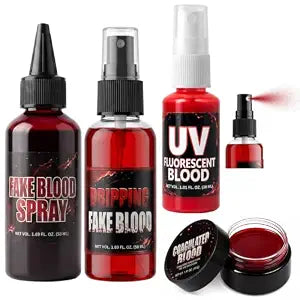 4-Piece Halloween Fake Blood Kit, 1.41 oz Coagulated Blood, 1.69 oz Blood Spray, 1.69 oz Dripping Blood, 1.01oz Glow Fluorescent Blood, Realistic Washable SFX Special Horror Effects Costume Makeup Set