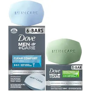 Dove Men+Care Clean Comfort Soaps (1 Box/6 Bars) + 1 Bar Extra Fresh Hydrating 3-in-1 Hand & Body, Face + Shave Soap