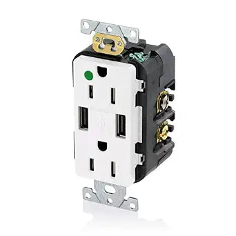 Leviton 15-Amp Hospital Grade USB Charger/Tamper-Resistant Duplex Receptacle, T5632-HGW, White