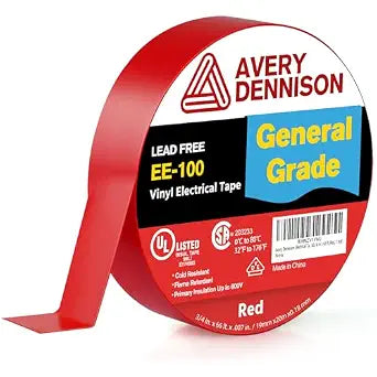 Avery Dennison Electrical Tape, General Use PVC Electric Tape, UL/CSA Listed Insulating Vinyl Tape for Electrical, Repairs, Automotive and Equipment, EE-100,  in x 66 ft, Red, 1 Roll