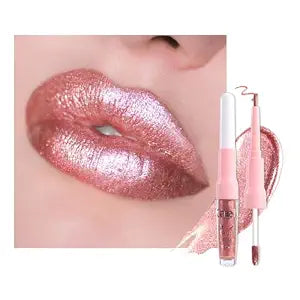 Rose Gold Metallic Lip Liner and Lipstick Combo Lip Gloss Tints Stain Set Makeup for Women Long Lasting Waterproof 24, Light Pink Metallic Glitter Shimmer Iridescent Liquid Lipstick lippies Lip Gloss