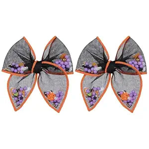 4" Halloween Black Mesh Tulle Hair Bow Clips for Girls Women, Glitter Pumpkin Ghost Bat Shaker Fable Bow Alligator Barrettes, Party Costume Dress Up Accessories, 2 Pack