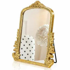 ZOOFOX Vintage Vanity Desk Table Mirror, 11.8" x 9.6" Arched Antique Makeup Mirror with Full Wooden Frame, Small Standing Carved Baroque Mirror for Living Room, Bedroom Dresser, Desktop Decor