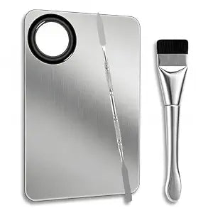 Tyqour 3 Pcs Makeup Mixing Palette Stainless Steel Makeup Palette Tray with Spatula Brush and Makeup Spatula, Foundation Palette for Women, Korean Makeup, Nail Art