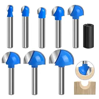 Core Box Router Bit Set, 8Pcs Solid Carbide 1/4 Inch Shank Woodworking Tool with 1/4" to 1" Round Nose Double Flute Bits, for Half Round Grooves and Cove Cutting for Woodworking Grooves and Coves