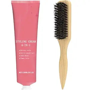 Styling Cream & Slick Back Hair Brush Set for Flyaways, Curl Defining, Smoothing & Sleek Styles – Non-Greasy Hair Tamer Cream with Boar Bristle Brush for Women & Kids, Add Shine, Baby Hairs